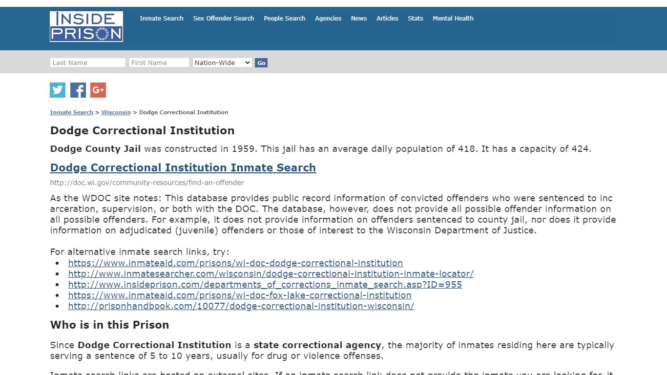 Dodge Correctional Institution - Wisconsin - Inmate Search